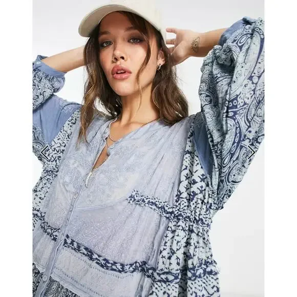 Free People Blue Patchwork Oh my Flowy Dress -  www.threedaughtersproperties.com
